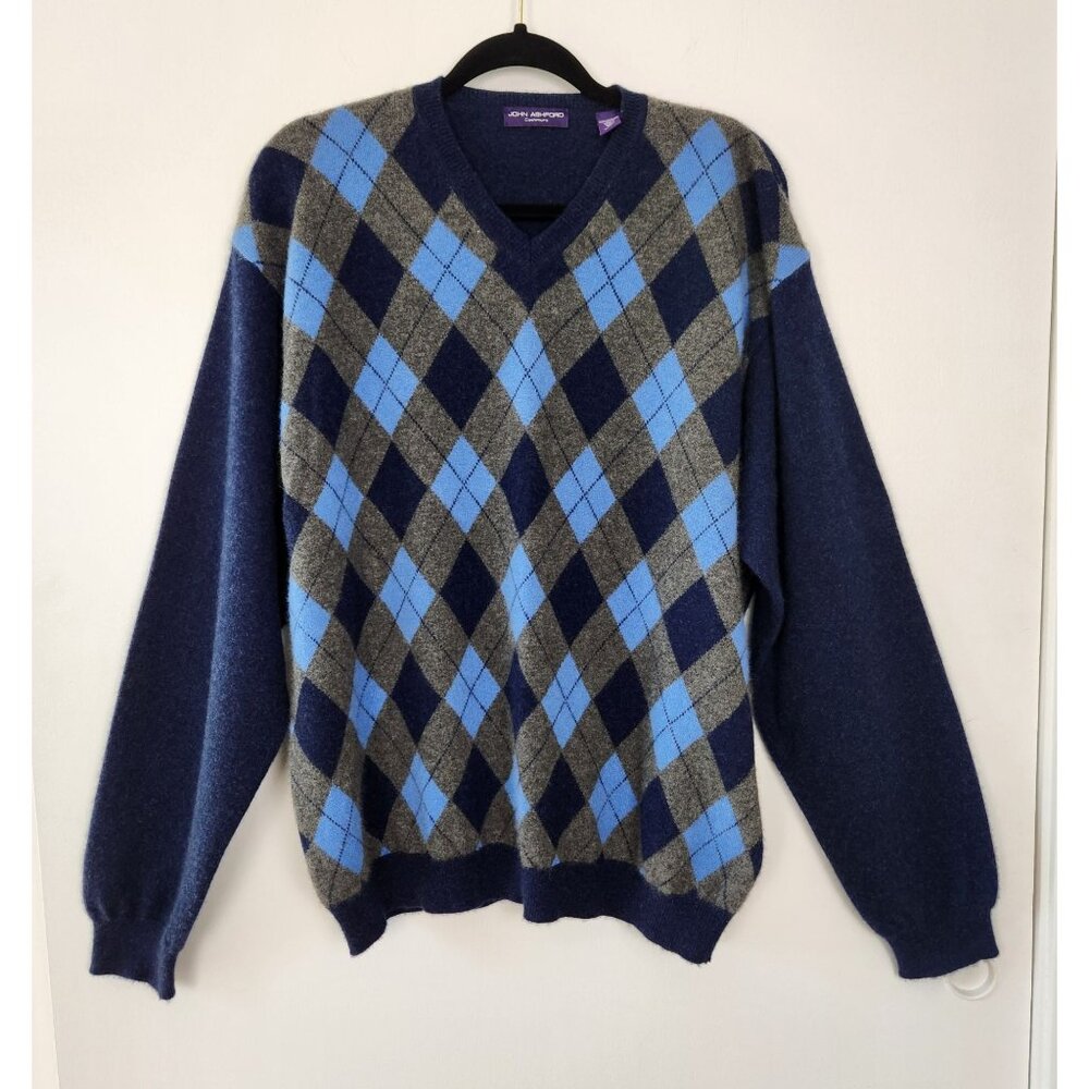 John Ashford Men's 100% Cashmere Blue And Gray Argyle V Neck Sweater, XL